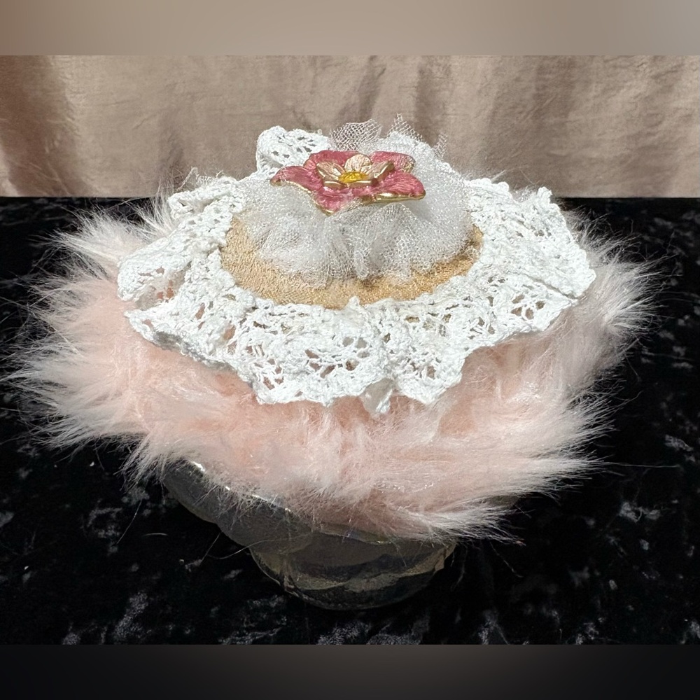 Handmade Retro Powder Puff In Vintage Opalscent Glass Dish Boudoir Gift Shabby